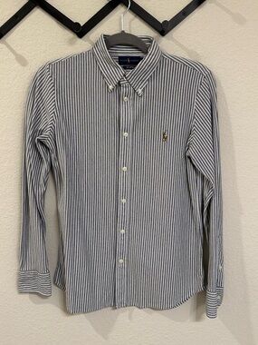Ralph Lauren Knit Oxford Shirt Women’s Large Striped Button Down Pony Logo
